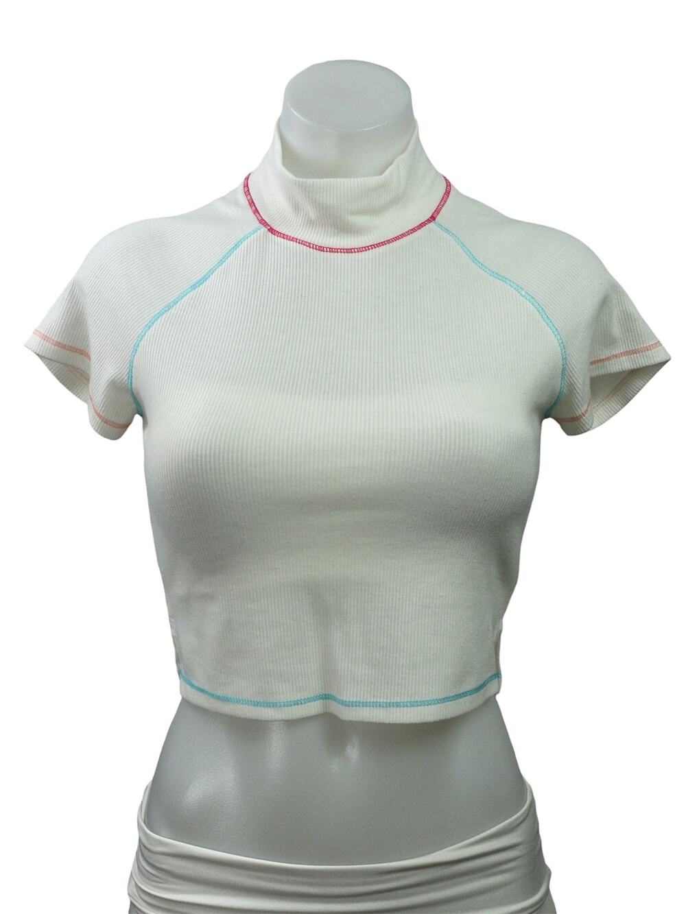 Polly Women's White Mock Neck Ribbed Knit Short Sleeve T Shirt Crop Top Size 6